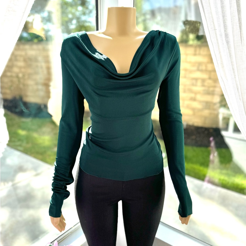 Free People Classy Green Cowl Neck Top Size L Large Slinky Stretch Fitted Shirt
